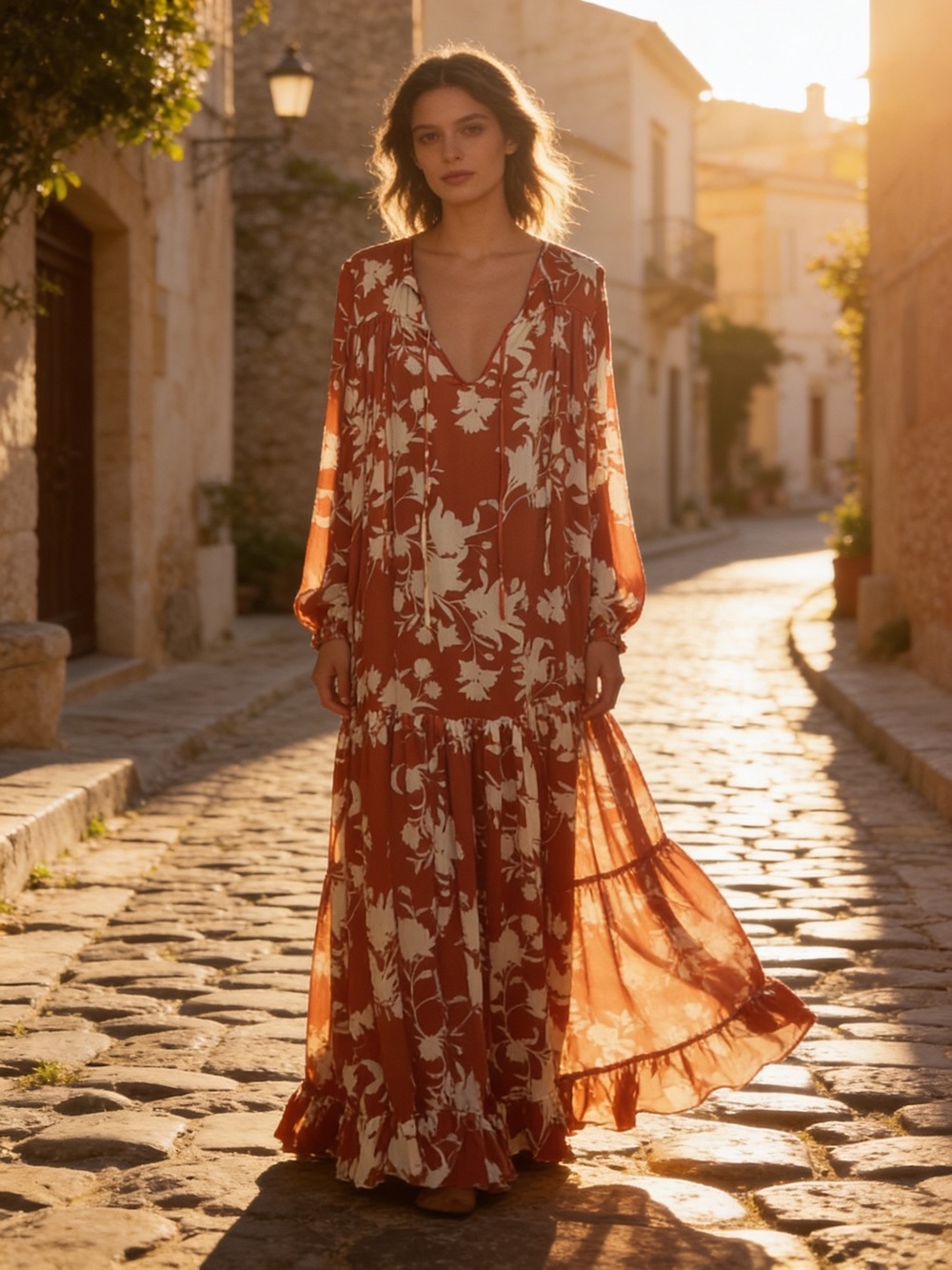 Red Floral V-Neck Maxi Dress - Women
